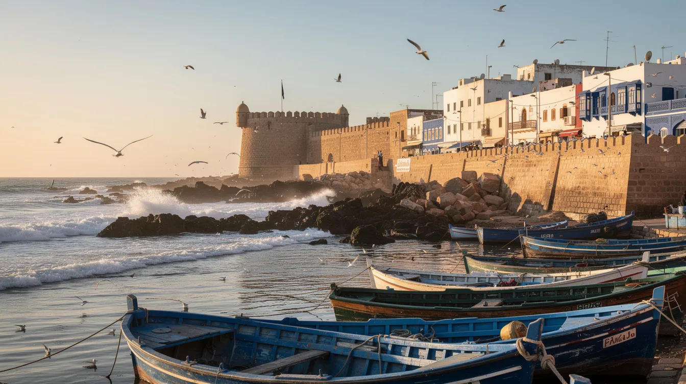 A imagem retrata a cidade histórica de Essaouira, localizada na costa do Oceano Atlântico, com suas muralhas e fachadas azuis características. É um destino vibrante, conhecido por suas praias, ventos ideais para windsurf e a rica cultura marroquina, atraindo visitantes em busca de beleza e atividades ao ar livre.