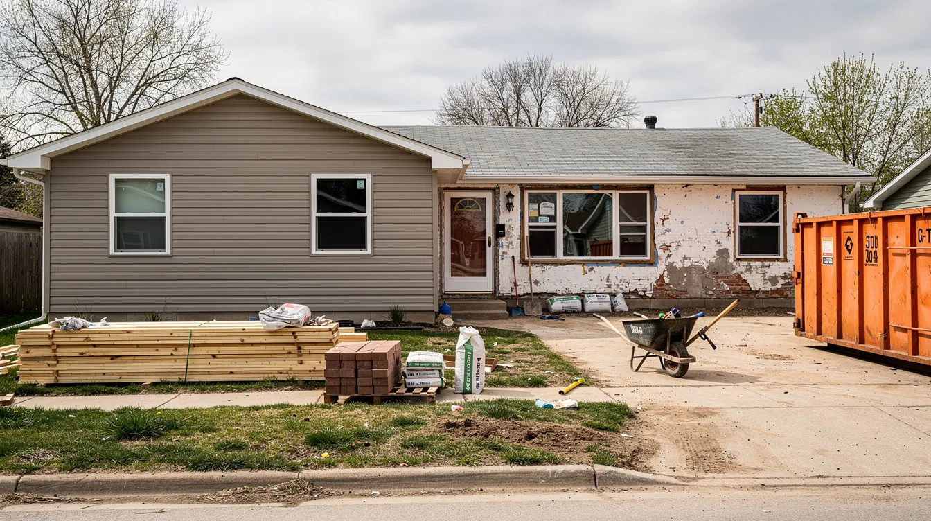 The image shows a partially renovated residential property with various construction materials scattered in the yard, indicating ongoing work for real estate investors involved in fix and flip projects. This scene highlights the potential for purchasing investment property and the renovation costs associated with it.