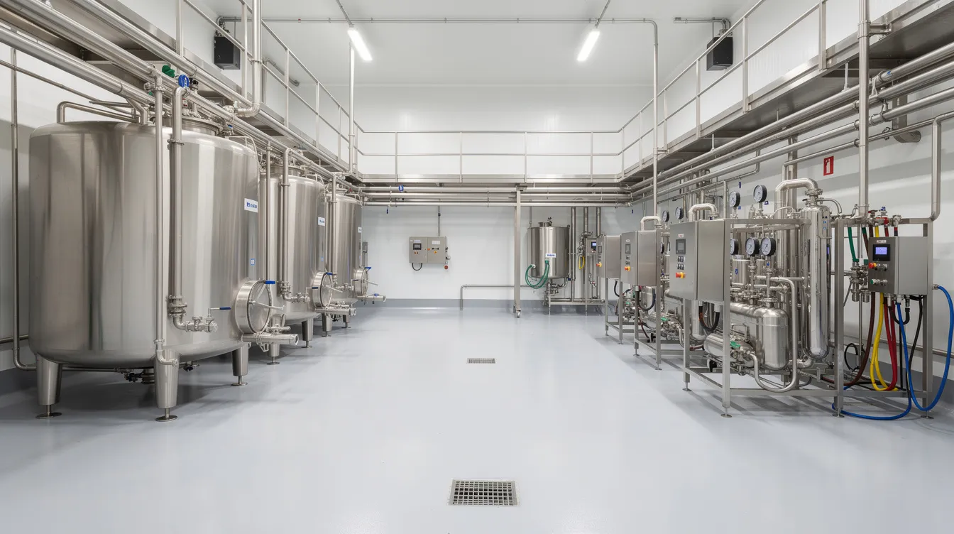 The image depicts a clean and modern dairy processing hall featuring stainless steel equipment and piping, highlighting the advanced technology used in dairy production. This environment reflects the efficiency and hygiene standards critical in the dairy industry, essential for producing high-quality dairy products and beverages.