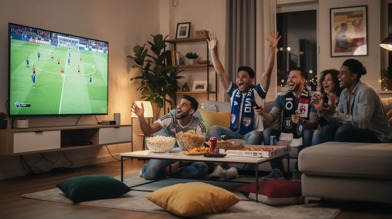 A lively group of friends is gathered around a large television screen, eagerly watching a live soccer match, filled with excitement and cheers. The atmosphere is vibrant as they enjoy the game together, showcasing the joy of watching live sports through an IPTV service.