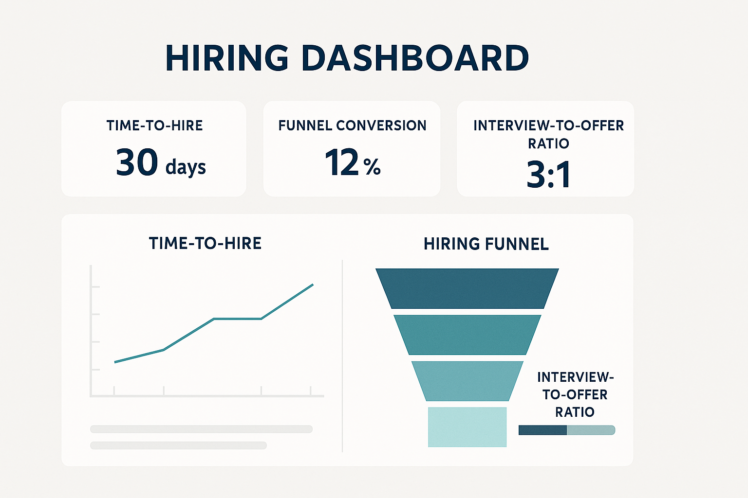 Screenshot-style infographic titled “Hiring Dashboard” displaying three KPIs: Time-to-Hire (30 days), Funnel Conversion (12%), and Interview-to-Offer Ratio (3:1). Below, a line graph shows Time-to-Hire trends, a funnel chart visualizes candidate drop-off, and a ratio bar reinforces the 3:1 interview-to-offer metric.