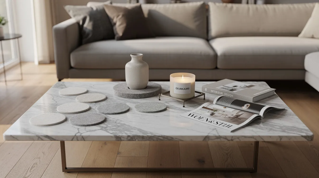Een stijlvolle woonkamer met een marmeren salontafel, waarop onderzetters zijn geplaatst. Op de tafel staat een vaas op een viltje en een kaars op een klein dienblad, wat bijdraagt aan de elegante uitstraling van het marmeren blad.