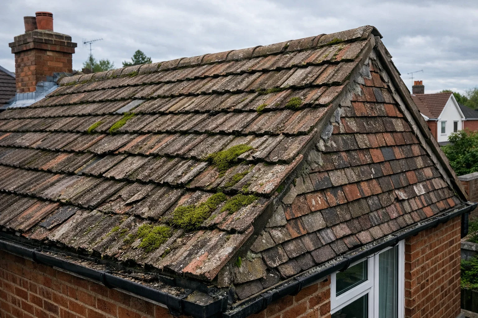 Ageing residential roof with worn tiles and visible signs of deterioration on a UK home.