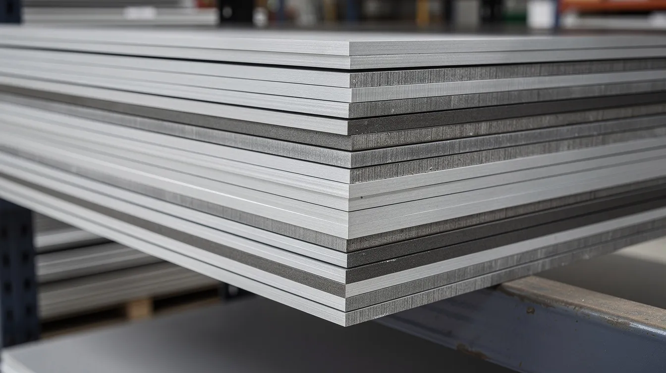 The image shows a close-up view of stacked aluminum and steel sheets of varying thicknesses neatly organized on an industrial storage rack, highlighting the raw materials used in sheet metal fabrication. This arrangement showcases the different types of metal sheets that are essential in the manufacturing process for creating complex shapes and components.