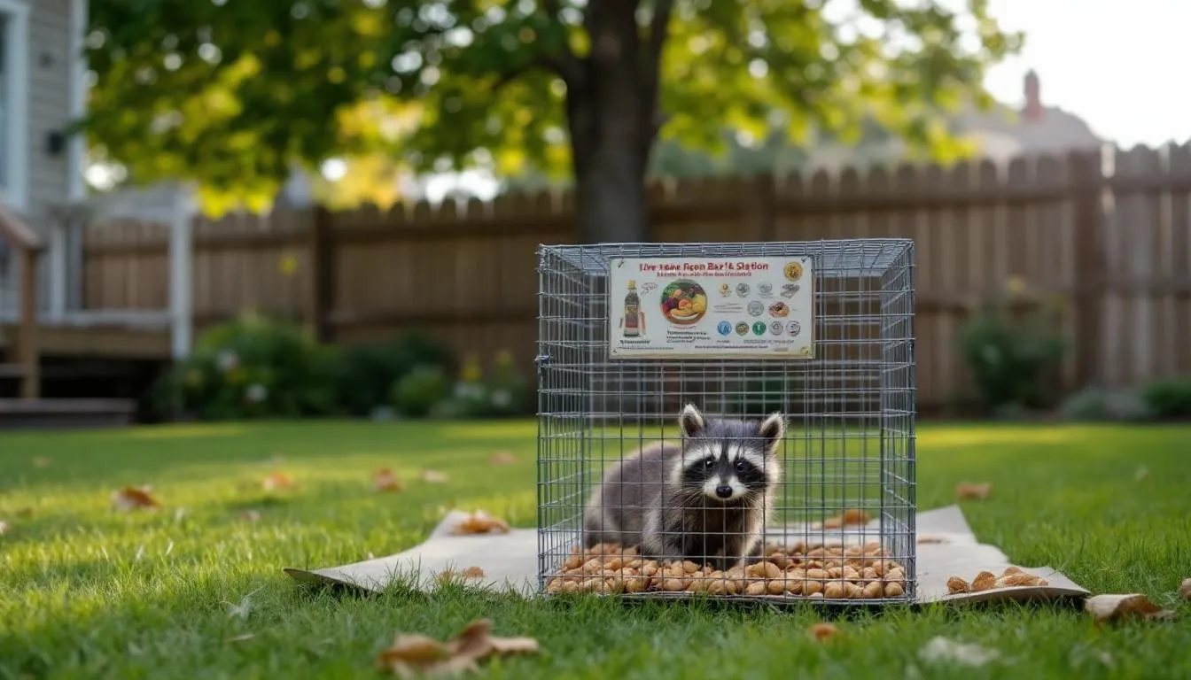 A humane raccoon trapping setup in a backyard, emphasizing the importance of humane wildlife control.