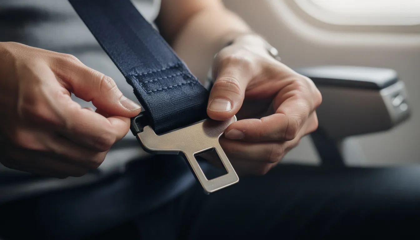 A close-up image shows hands fastening a seat belt buckle, highlighting the importance of safety during a flight. The scene captures the detail of the belt as it adjusts to fit comfortably, emphasizing the need for proper seat belt length for passengers of various body shapes.