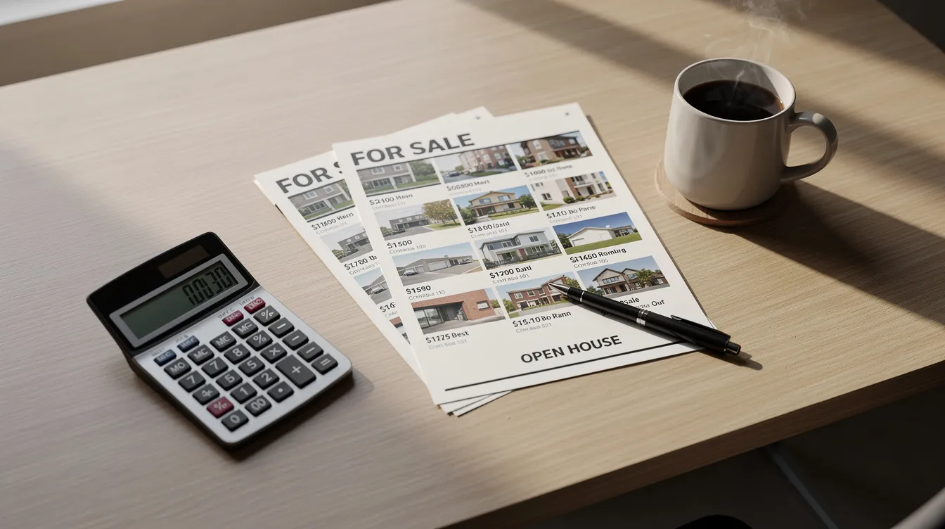 The image shows a desk cluttered with a calculator, several property listing printouts, and a coffee mug, suggesting a workspace for a property owner or real estate investor analyzing potential investments in the short term rental market, such as Airbnb properties. This setup reflects the planning and financial calculations involved in starting an Airbnb business or managing rental income.
