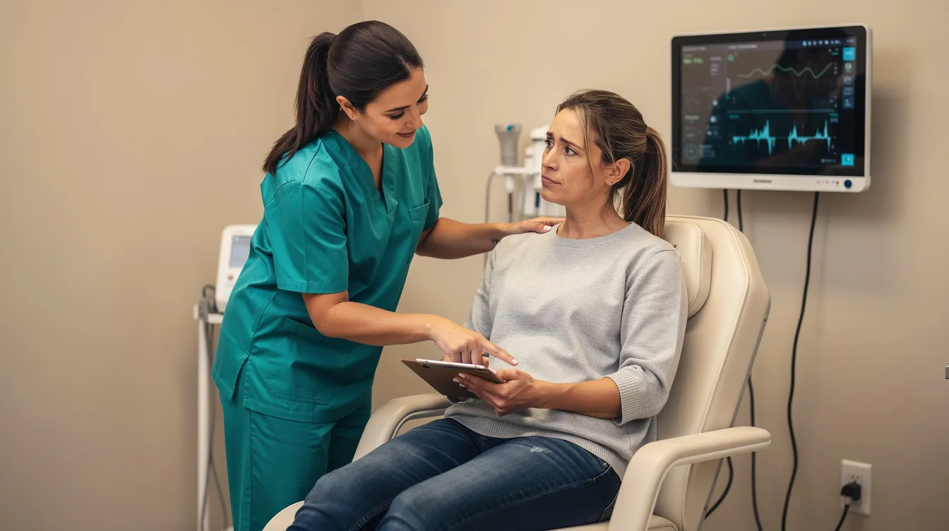 A medical professional in scrubs is assisting a seated patient in a clinical setting, likely discussing treatment options for kidney disease or evaluating the patient's kidney function. The interaction suggests a focus on managing chronic kidney disease and potential eligibility for social security disability benefits.
