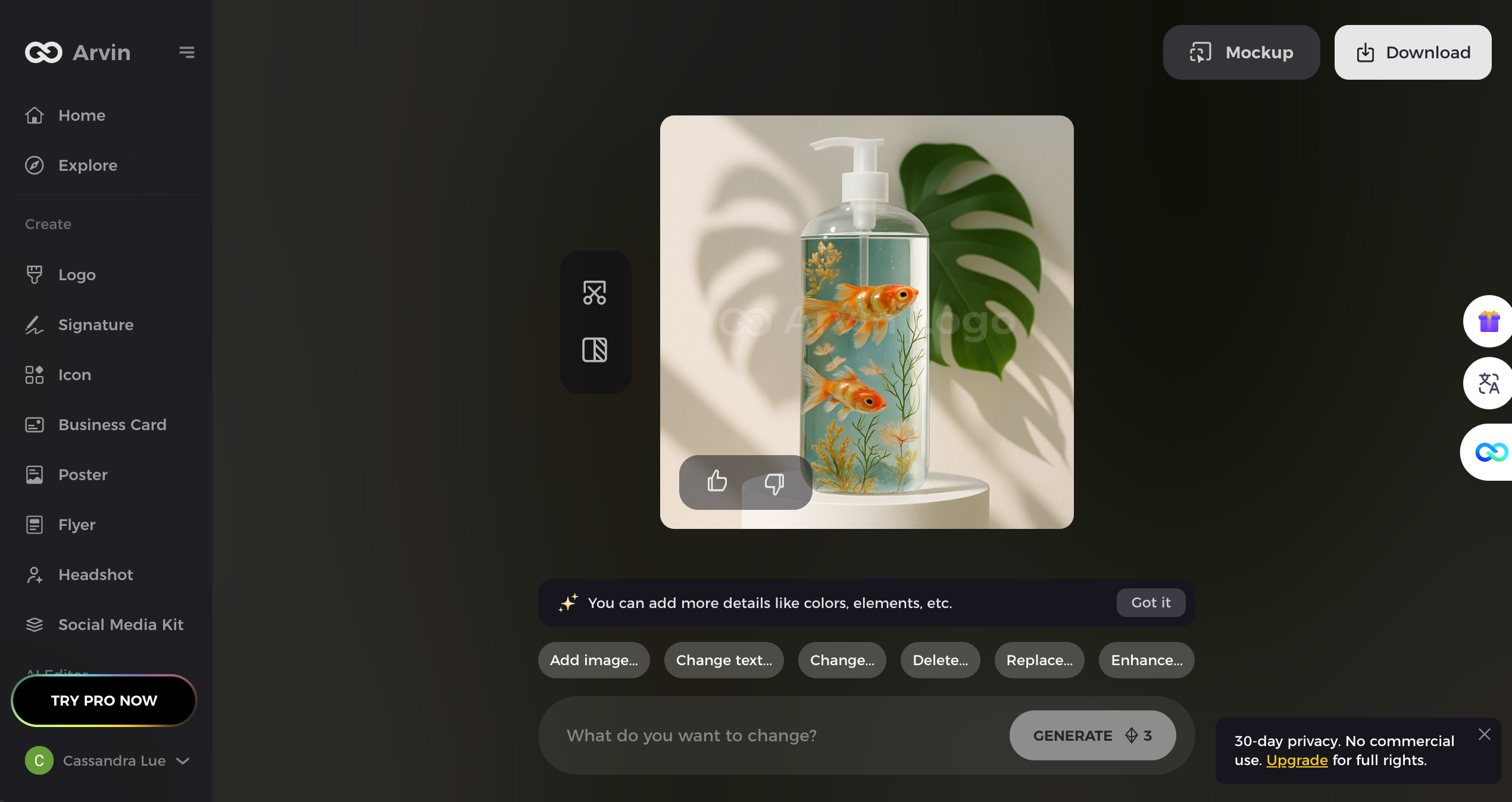 AI-generated product mockup of a transparent soap bottle with goldfish design on Arvin’s interface, shown with editing options.