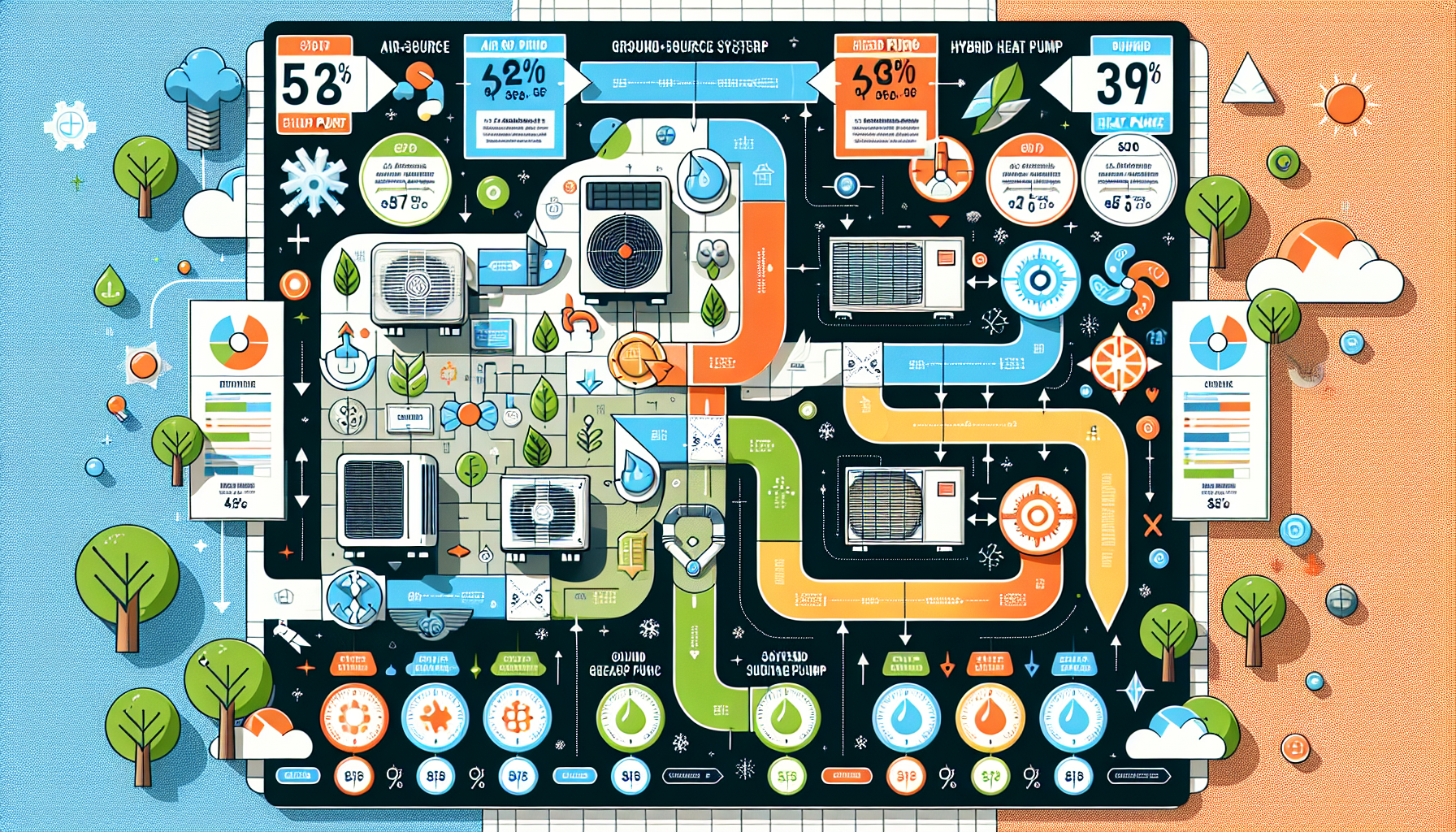 An illustration comparing different types of heat pump hot water systems and their prices.