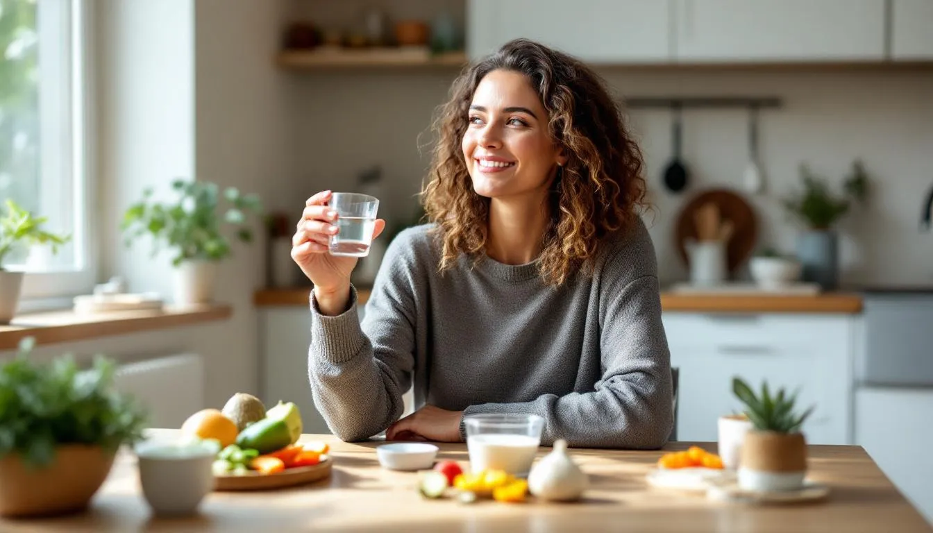 A woman sits at a kitchen table surrounded by healthy foods, taking magnesium supplements with a glass of water to help manage menopause symptoms such as hot flashes and mood swings. The scene emphasizes the importance of adequate magnesium intake for bone health and sleep quality during the menopausal transition.