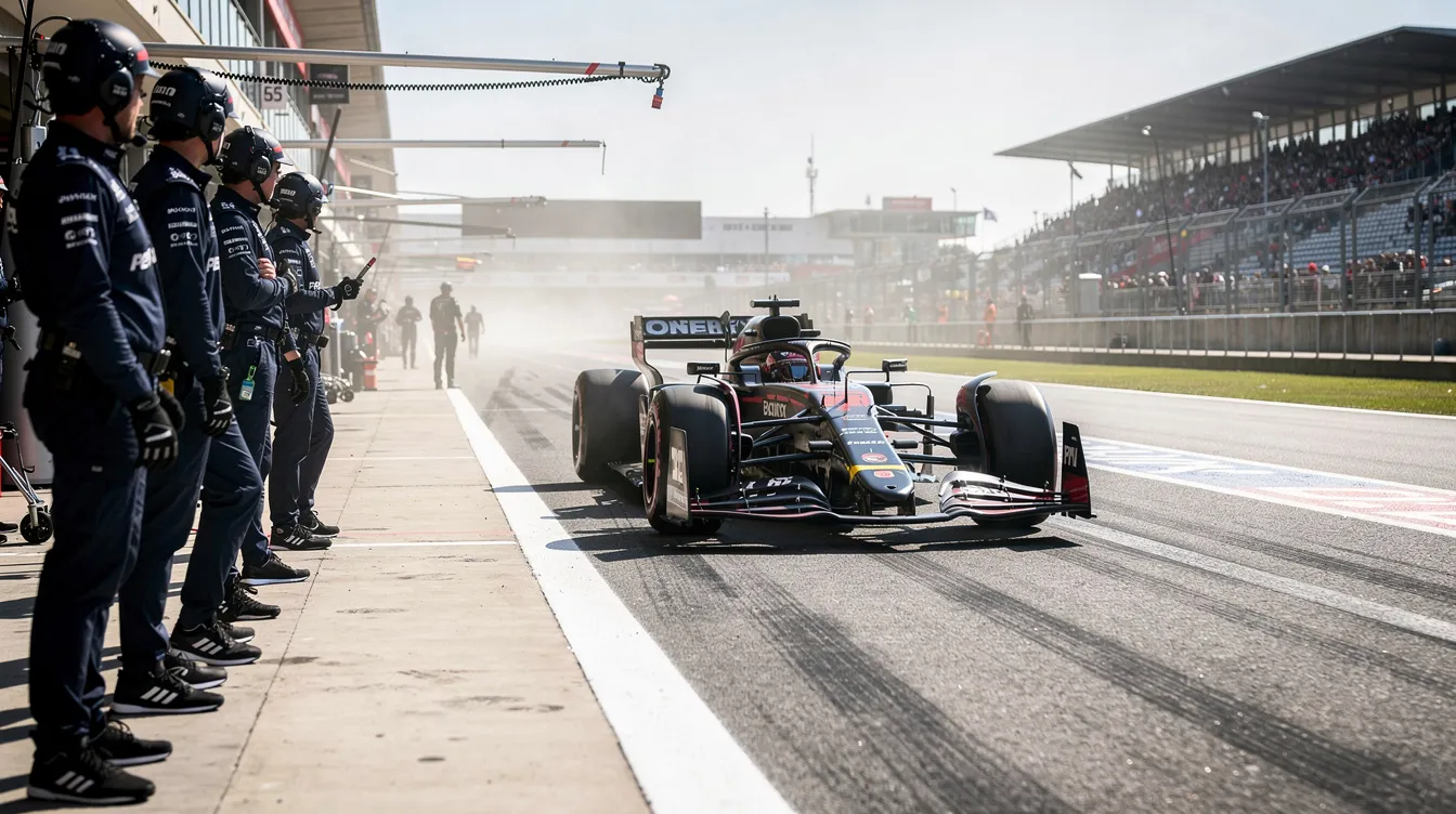 A vibrant race car is seen pulling out of a pit lane onto a racetrack, with a team of crew members watching intently. The scene captures the excitement of a site launch, reminiscent of the careful planning involved in a website migration project, ensuring smooth transitions and optimal performance.