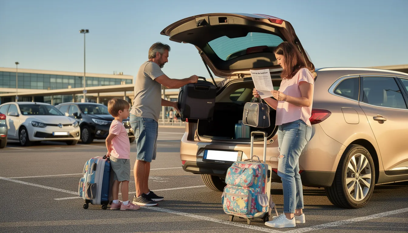 Une famille est en train de charger des valises dans le coffre d'une voiture de location, prête pour ses vacances. On peut voir une voiture de location spacieuse, symbolisant la liberté et l'aventure, tandis que les membres de la famille s'assurent que tout est bien sécurisé avant de prendre la route.
