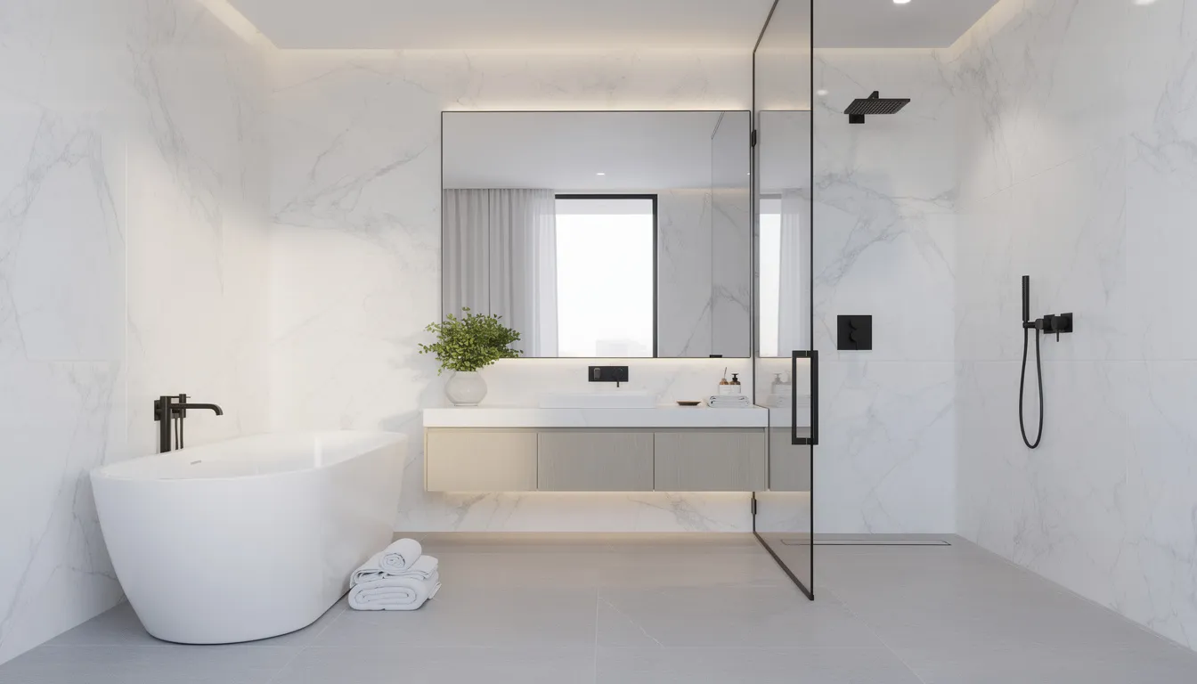 Een luxueuze badkamer met stijlvolle marmerlook wandpanelen in wit, gecombineerd met elegante zwarte kranen. De marmerlook panelen creëren een tijdloze uitstraling en zijn perfect voor vochtige ruimtes, waardoor ze een luxe sfeer aan de badkamer toevoegen.