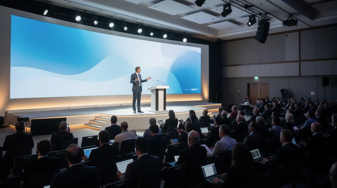 A keynote speaker stands confidently on a brightly lit stage, addressing a large professional audience in a modern conference hall. The talk emphasizes the importance of creating a psychologically safe workplace where employees feel comfortable sharing new ideas and taking risks, fostering innovation and resilience within organizations.
