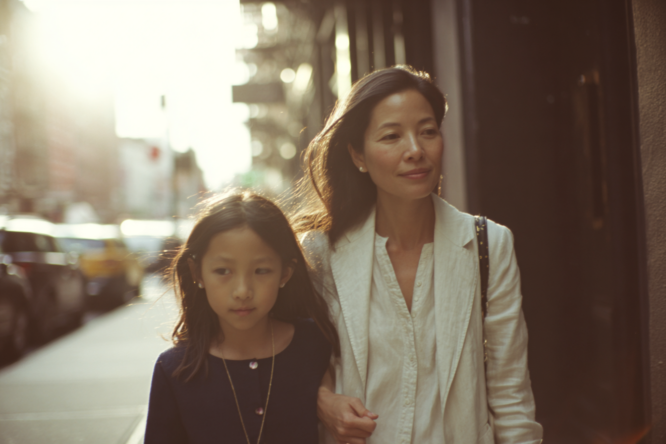 An Asian American mother and her young daughter walking together on a Manhattan sidewalk in late spring afternoon light