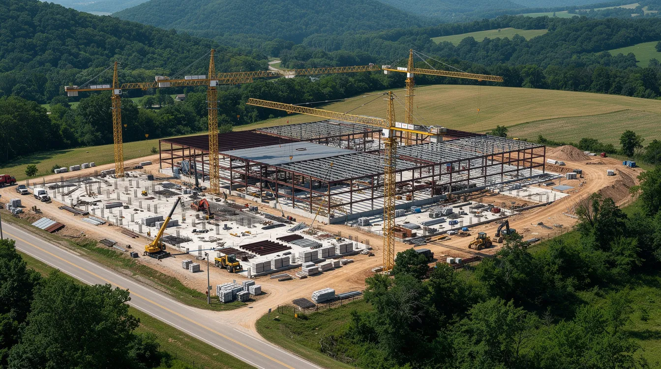 An aerial view of a large commercial construction site in a Tennessee valley showcases cranes and partially completed steel structures, reflecting the scale and complexity of new construction projects in the area. This image highlights the bustling construction industry, emphasizing the significant labor and material costs associated with such ambitious commercial projects.
