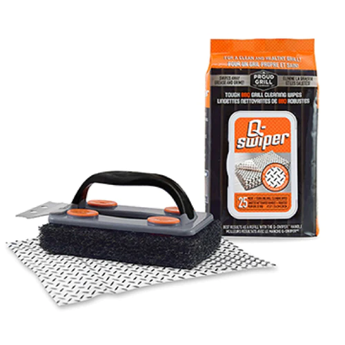 Proud Grill Q-Swiper Set and Refill Wipes: Includes a stainless steel scraper and 25 attachable tough moist disposable grill cleaning wipes - Food Contact Safe with Natural Cleaning Agents derived from corn and coconuts