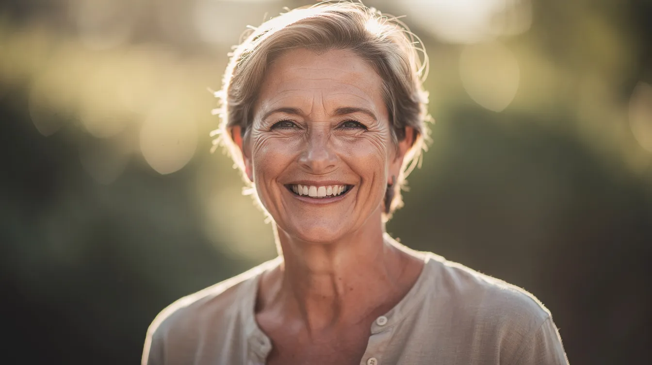 A cheerful person in their 50s is smiling brightly in a sunlit outdoor setting, showcasing their natural teeth, which may reflect the benefits of dental implants for replacing missing teeth. This joyful expression emphasizes the importance of oral health and confidence that comes with effective dental treatments.