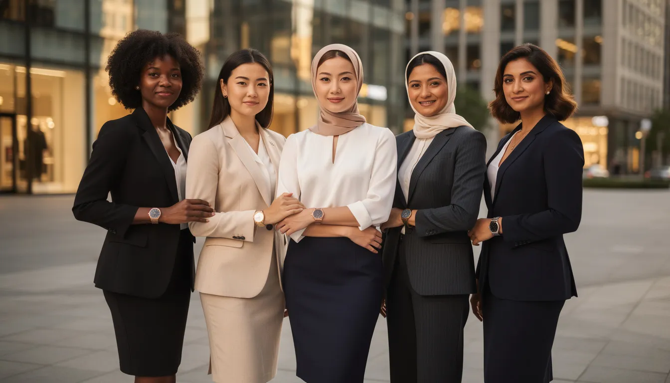 A diverse group of professional women from various cultural backgrounds is gathered in an upscale urban setting, each wearing elegant luxury watches that reflect their personal style. This scene highlights the rising demand in the women's watch market, showcasing the luxury watch segment's appeal to affluent consumers and the evolving consumer preferences within the global luxury watch market.