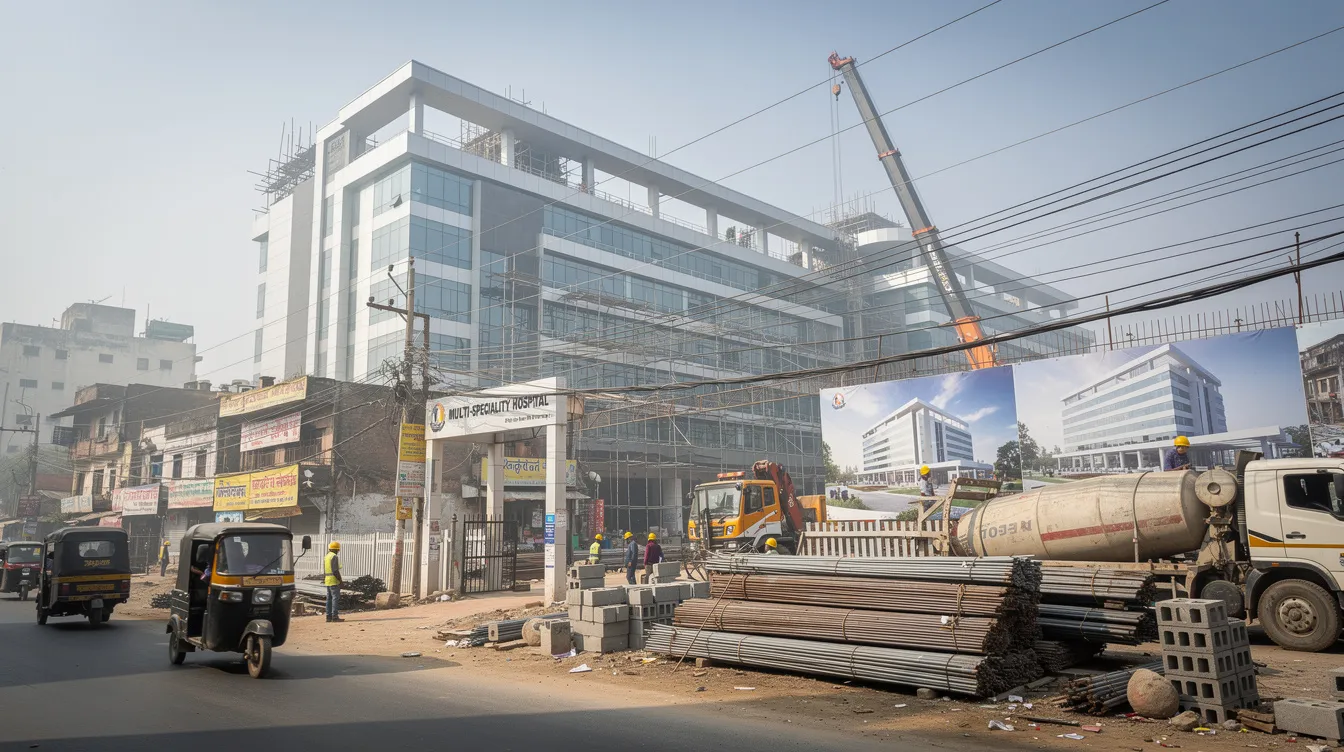 The image shows a wide view of a modern hospital building under construction in an Indian city, highlighting cranes and machinery in action. This new hospital aims to provide comprehensive cancer care services and includes features like advanced medical equipment and specialized facilities for patient treatment.