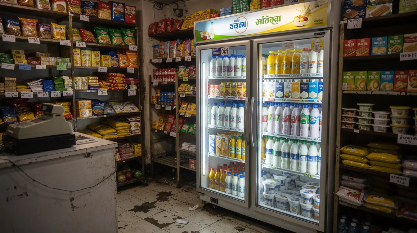 The image depicts a small Indian retail shop showcasing a refrigerator filled with various dairy beverages, including flavored milk and other packaged foods. This vibrant display highlights the growing demand for dairy products in the convenience store sector, catering to health-conscious consumers seeking high-quality and nutritious options.