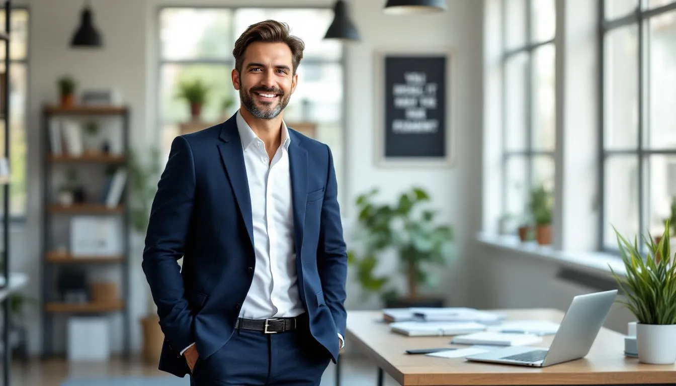 A confident small business owner stands proud and happy at a table, having successfully navigated their business funding needs and feeling he hasn't left things on the table. His positive demeanor reflects success in finding ways to fund a business.
