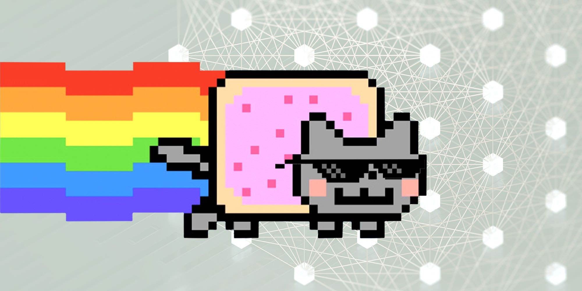  A digital pixeled NFT image of a cat in rainbow colors. 