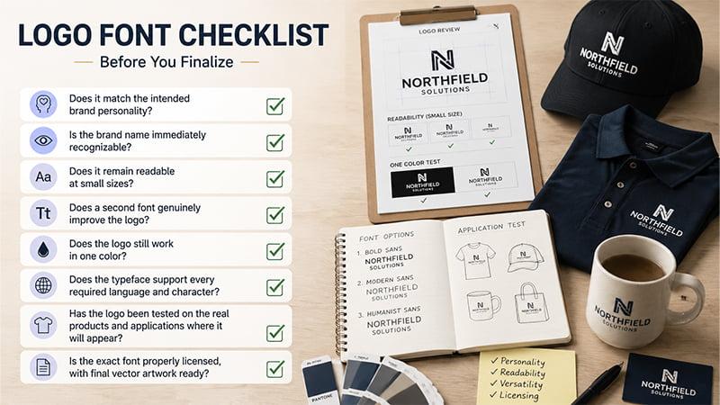Logo font checklist reviewing readability, scalability, licensing, and real product applications