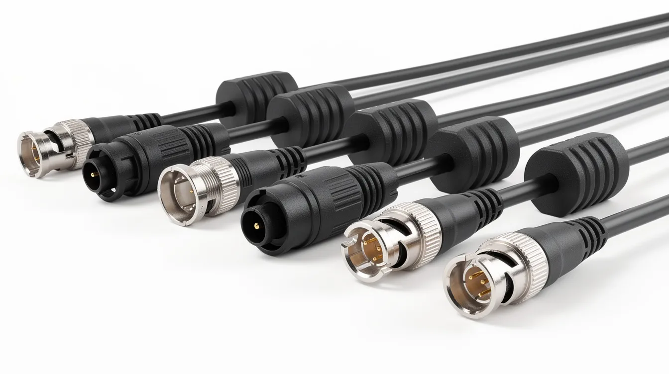 how to fix MDVR camera signal issues: The image shows ferrite cores installed on MDVR camera cables near the connector ends, which help reduce electromagnetic interference and improve the video signal quality for the security camera system. This setup is essential for ensuring clear video footage and reliable connections in a security system.