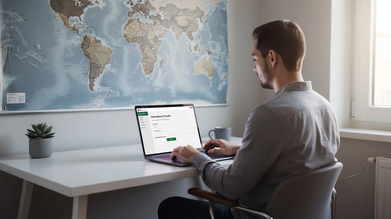 A person is seated at a desk, using a laptop to send an international money transfer, while a world map hangs on the wall behind them. The scene suggests a focus on financial transactions, possibly involving an opay wallet or opay app for easy access to funds.
