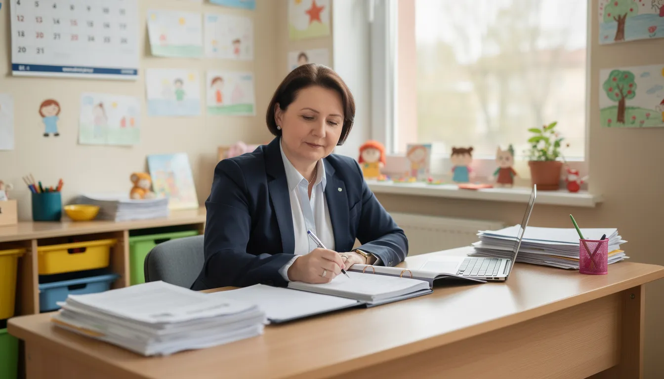 Na zdjęciu widoczny jest dyrektor przedszkola, kt&oacute;ry pracuje z dokumentami przy biurku. W tle można dostrzec elementy związane z rocznym planem pracy przedszkola oraz materiały dotyczące wspierania aktywności fizycznej uczni&oacute;w.