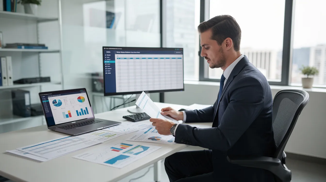 A professional in a formal office is intently reviewing financial documents and spreadsheets on a desk, which may include detailed project reports related to the milk powder manufacturing plant and its associated costs. The scene highlights the importance of financial analysis in the milk powder industry, focusing on aspects such as capital investment and profitability analysis.