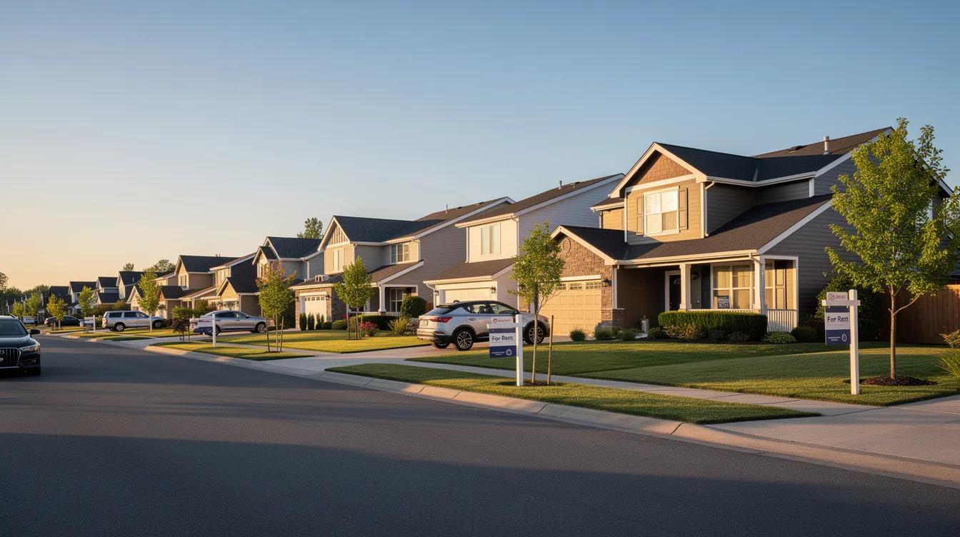 The image depicts a row of single-family houses along a quiet residential street, symbolizing a rental property portfolio for real estate investors. These homes represent potential investment properties that can generate rental income and may involve considerations like mortgage payments, property insurance, and loan to value ratios for financing options such as a home equity line of credit.