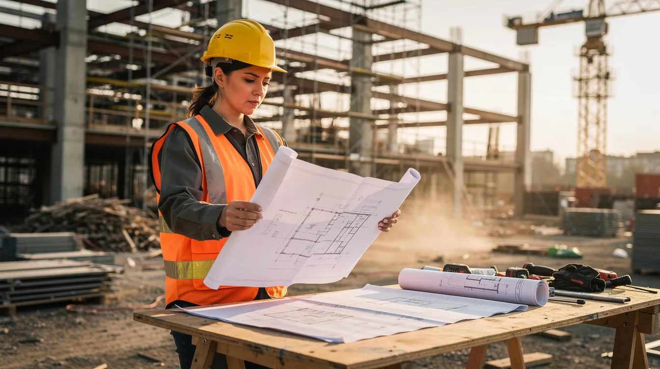 A woman construction worker, wearing a hard hat and safety vest, is reviewing blueprints at a commercial building site, showcasing her role in the construction industry and the importance of on-the-job training in skilled trades. This image highlights the future workforce and successful careers available through registered apprenticeship programs.