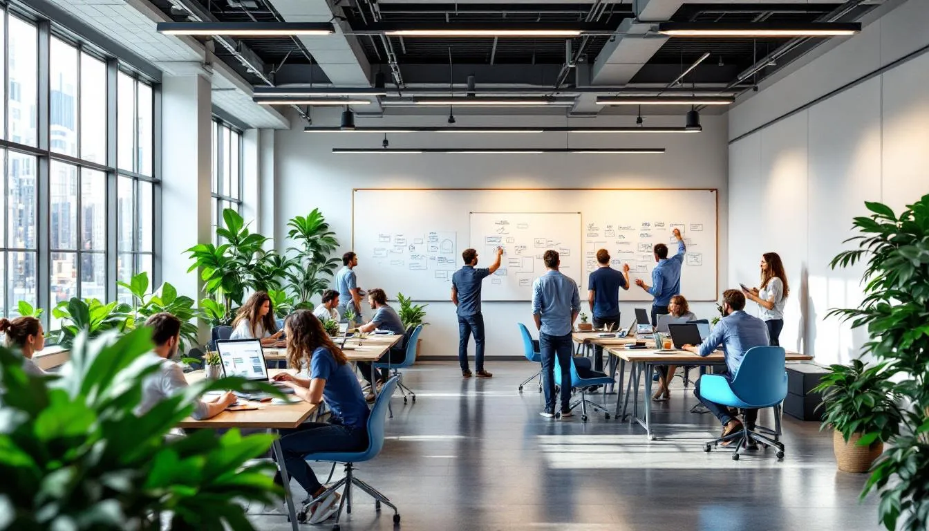 The image showcases a modern office environment of a top marketing companies, featuring a diverse team collaborating on digital marketing strategies. Various marketing services such as content creation, social media management, and web design are highlighted, emphasizing the agency's expertise in enhancing brand visibility and customer engagement.