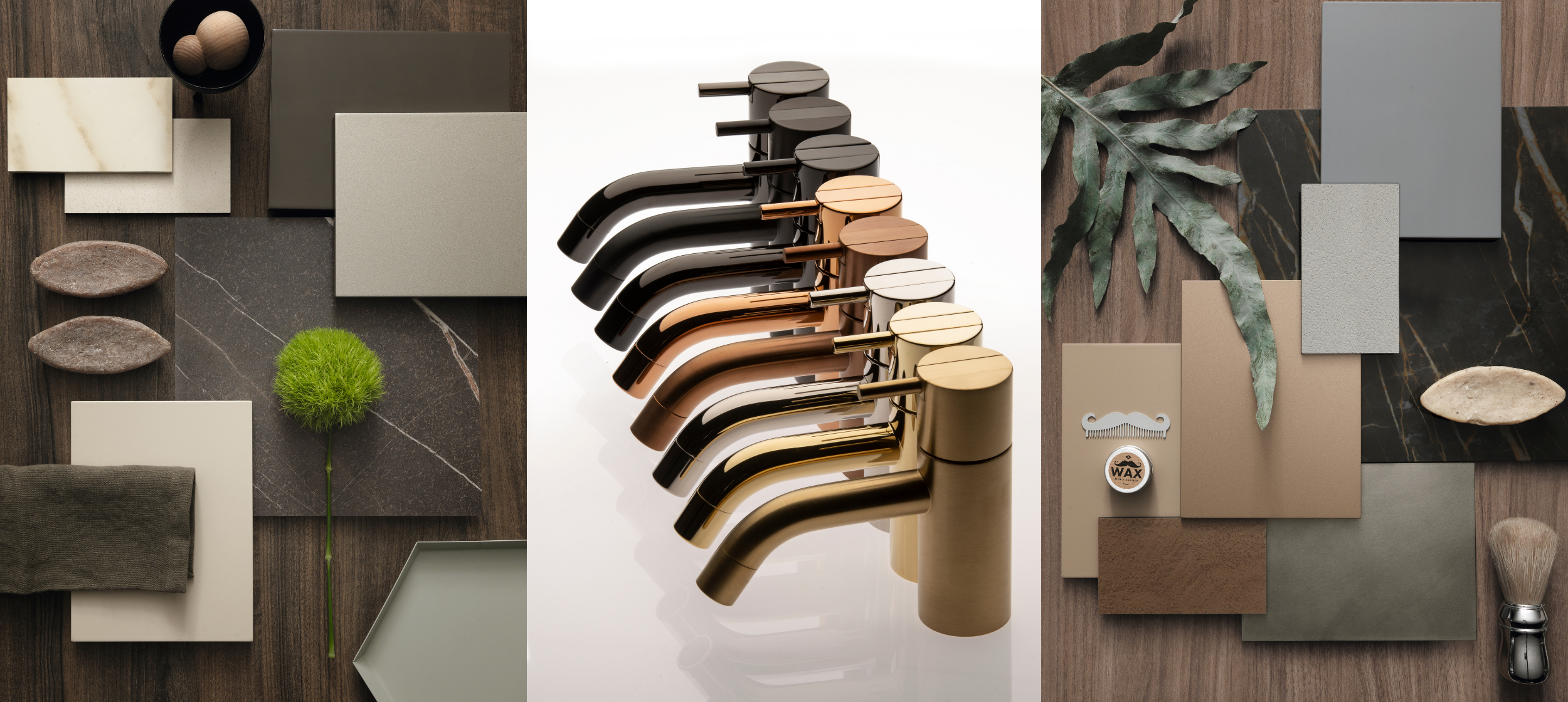 A flat-lay arrangement showcases a collection of high-end metal finish samples, including brushed gold, matte black, and brushed nickel, alongside stone tile and wood veneer swatches on a neutral background, offering inspiration for a dream bathroom or powder room design. This curated selection highlights the elegant details and finishes that can enhance luxury bathroom fixtures and accessories.