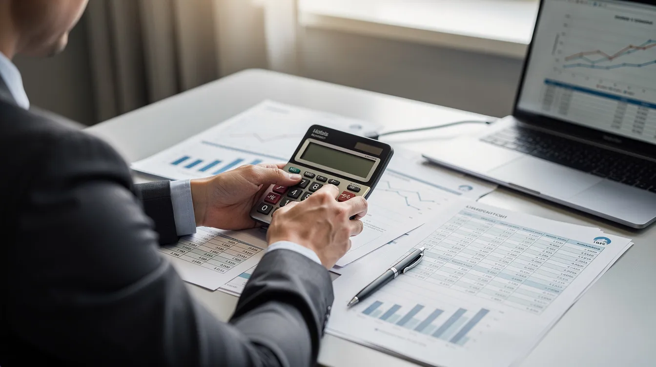 An individual is seated at a desk, focused on reviewing financial documents while using a calculator to analyze figures related to their financial状况. The scene suggests a careful assessment of their貸款 and還款能力, highlighting the importance of清數 in managing personal finances.