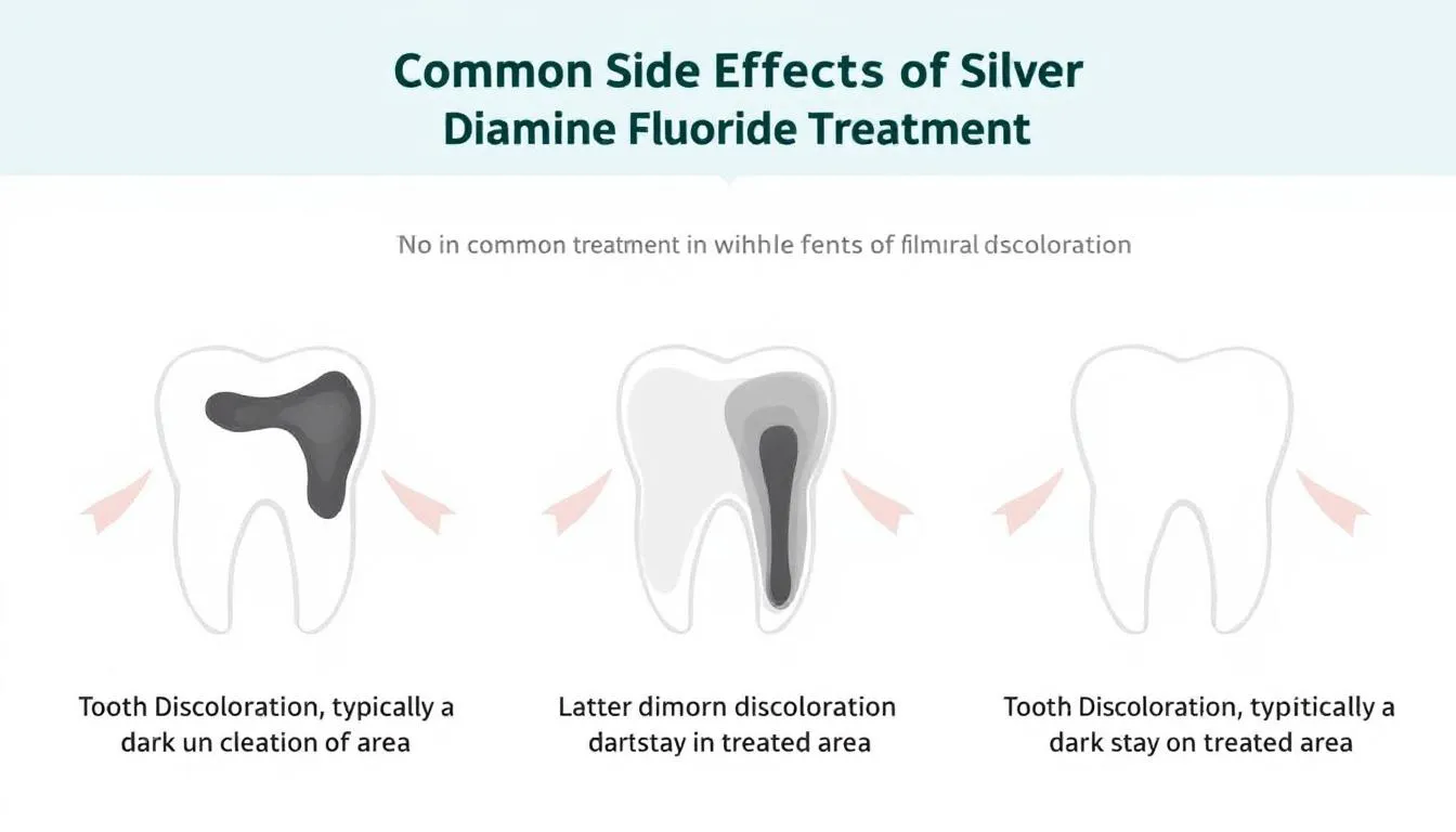 An illustration depicting common side effects of silver diamine fluoride treatment, including tooth discoloration.