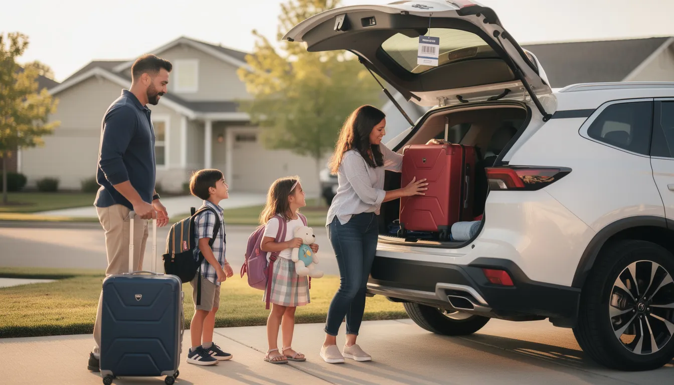 Une famille charge des valises dans le coffre d'une voiture de location, prête pour des vacances. Le véhicule, loué chez Europcar, est équipé d'une assurance responsabilité civile pour assurer un trajet en toute tranquillité.