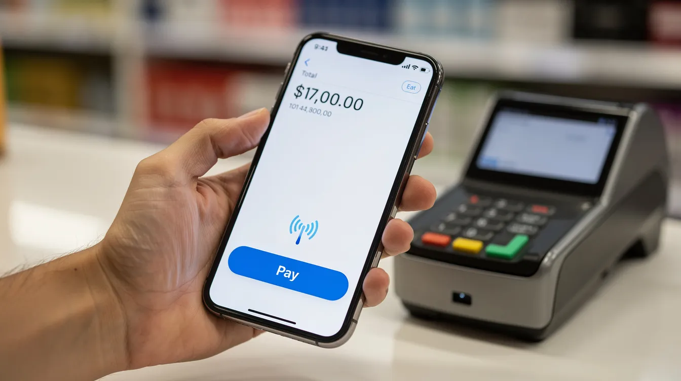 The image features a hand holding a smartphone displaying a checkout screen with a contactless payment symbol, indicating various payment options such as Google Pay and Apple Pay for online transactions. This scene illustrates the convenience of accepting credit card payments and digital wallets in an online store or during in-person transactions.