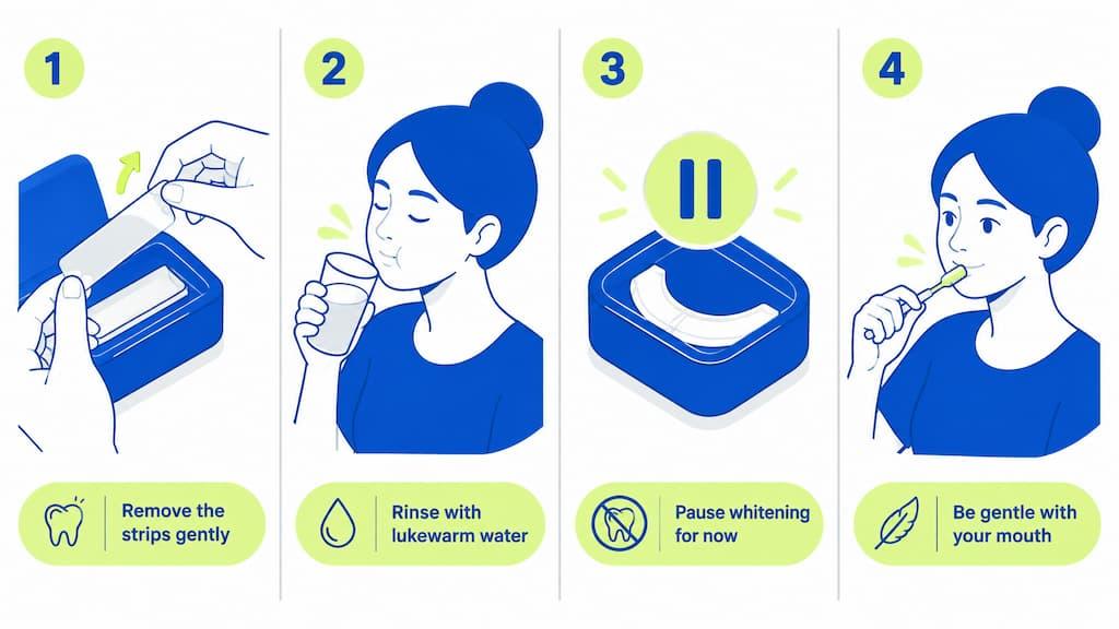 Four-step illustration: remove the strips gently, rinse with lukewarm water, pause whitening for now, and be gentle with your mouth
