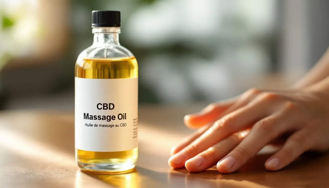 In the image, a small bottle of zelfgemaakte CBD olie sits on a wooden table, surrounded by various natural ingredients like kokosolie and etherische oliën, illustrating the process of cbd olie maken for use in massage. The scene conveys a sense of relaxation and wellness, highlighting the potential voordelen of cbd massage olie for soothing the skin and enhancing overall well-being.