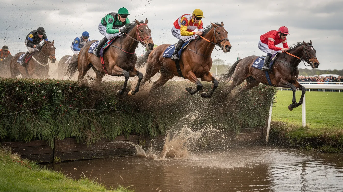 A group of horses is seen jumping over Becher's Brook fence during the Aintree Grand National, with water spraying up around them. This iconic moment captures the excitement of the grand national festival, showcasing the skill and bravery of both the horses and their riders.