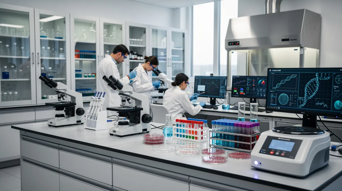 Das Bild zeigt ein modernes medizinisches Forschungslabor, ausgestattet mit hochentwickeltem wissenschaftlichem Equipment. In dieser Umgebung wird die Forschung zu Cannabis und dessen potenziellen medizinischen Anwendungen, einschließlich der Diskussion über den Rescheduling-Prozess unter dem Controlled Substances Act, vorangetrieben.