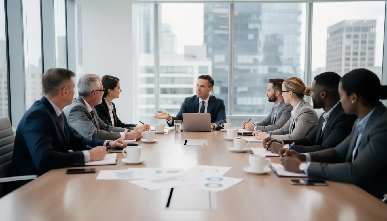 Eine Gruppe von Menschen sitzt an einem Konferenztisch und diskutiert angeregt über geschäftliche Themen. Auf dem Tisch liegen Notizen und Laptops, während die Teilnehmer aktiv an der Optimierung ihrer Website und SEO-Maßnahmen arbeiten.