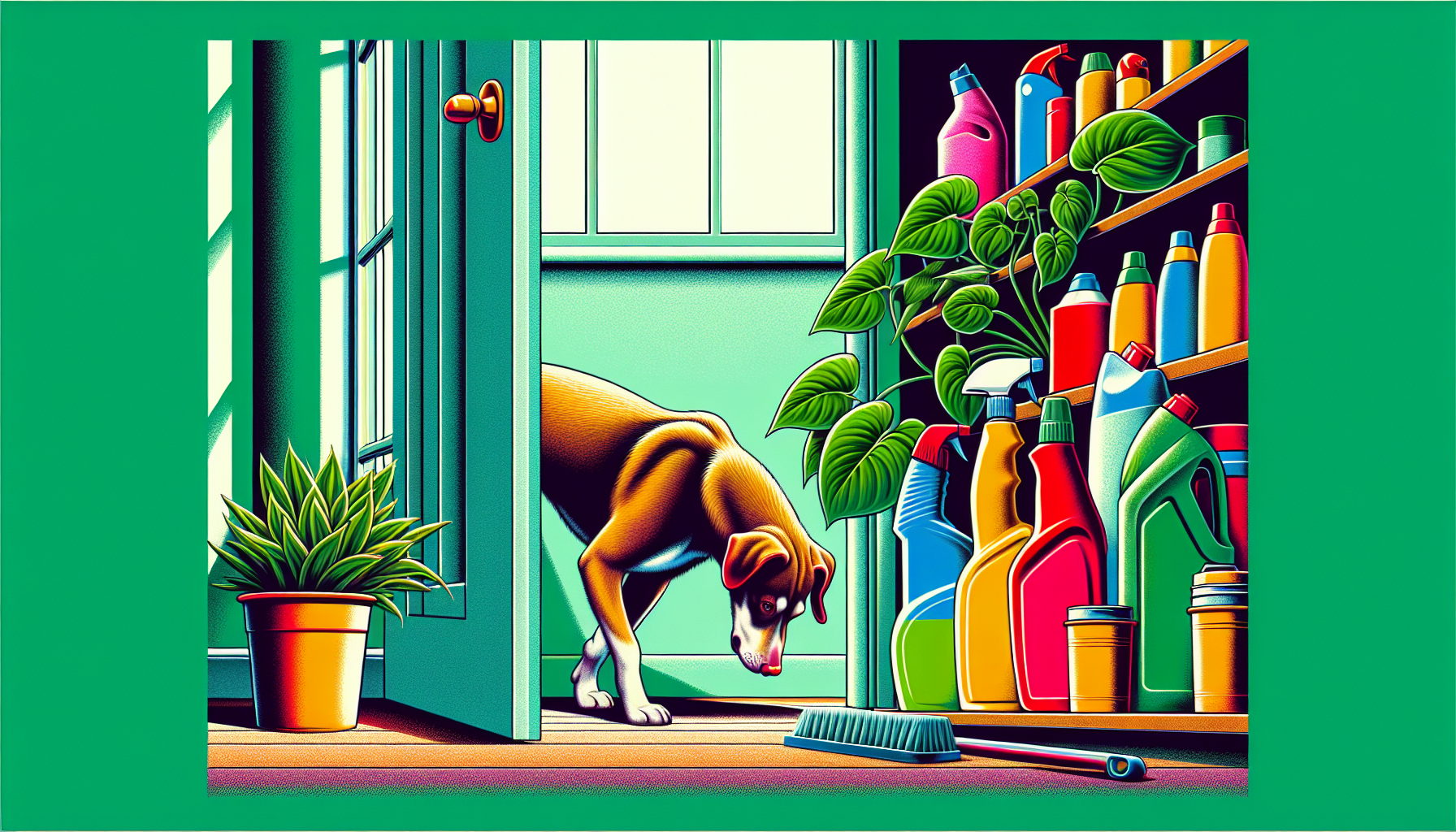 Ilustración de un perro cerca de posibles fuentes de veneno como plantas y productos de limpieza