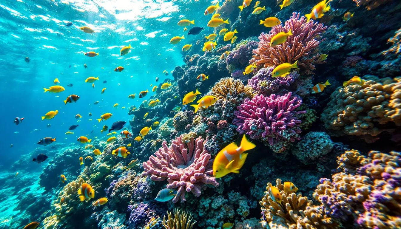 Imagem de um recife de coral vibrante, com uma variedade de peixes tropicais nadando entre os corais. Esta cena subaquática remete à rica vida marinha do Mar Vermelho, um dos destinos imperdíveis para quem planeja passeios no Egito.