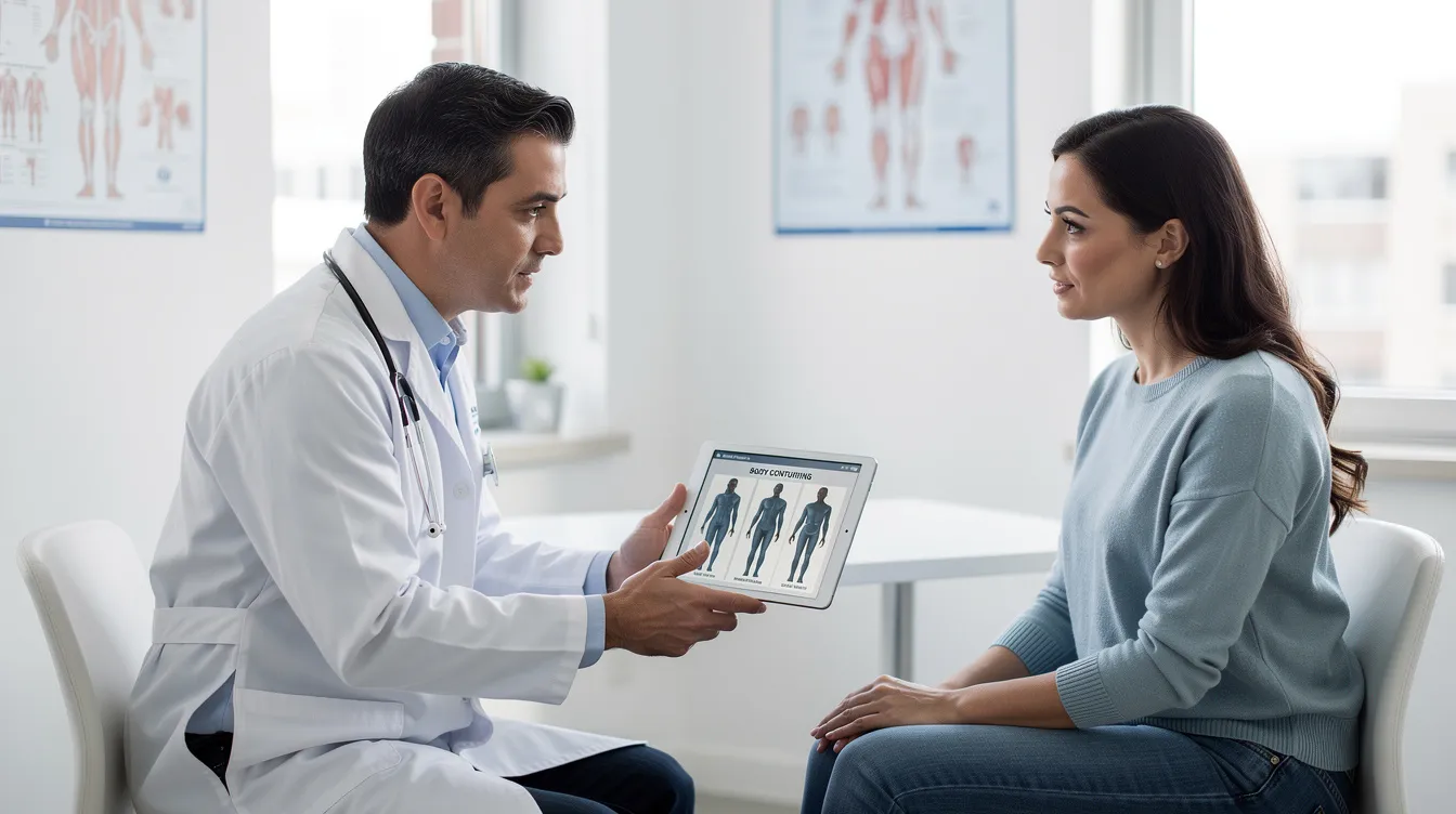 A doctor is consulting with a patient in a bright medical office, discussing various body contouring options, including tummy tuck procedures and lipo 360, to address concerns such as excess skin and stubborn fat after significant weight loss. The scene reflects a professional environment focused on helping the patient choose the right cosmetic surgery for their body goals.