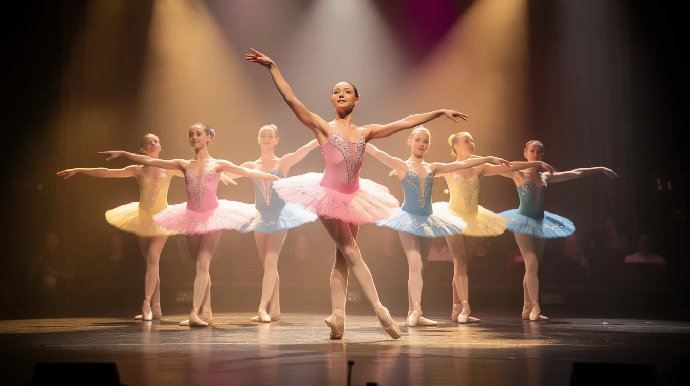 A group of young ballet dancers is performing on stage, dressed in vibrant, colorful costumes, illuminated by bright stage lights. The image captures the grace and energy of the performance, showcasing the importance of events in the community and the ticketing software that helps sell tickets online for such captivating shows.